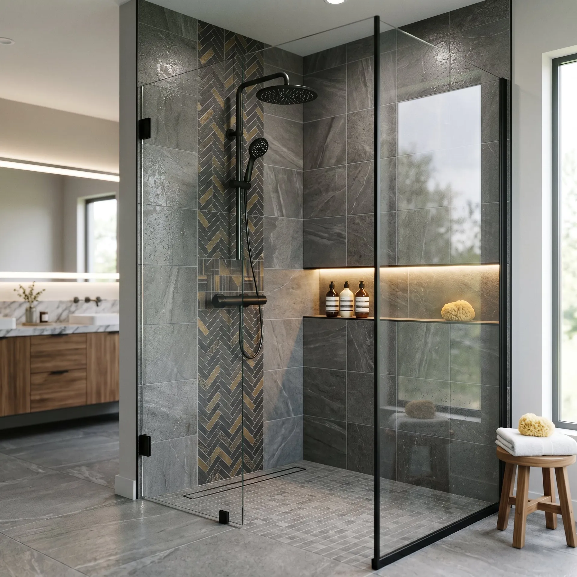 Herringbone shower tile